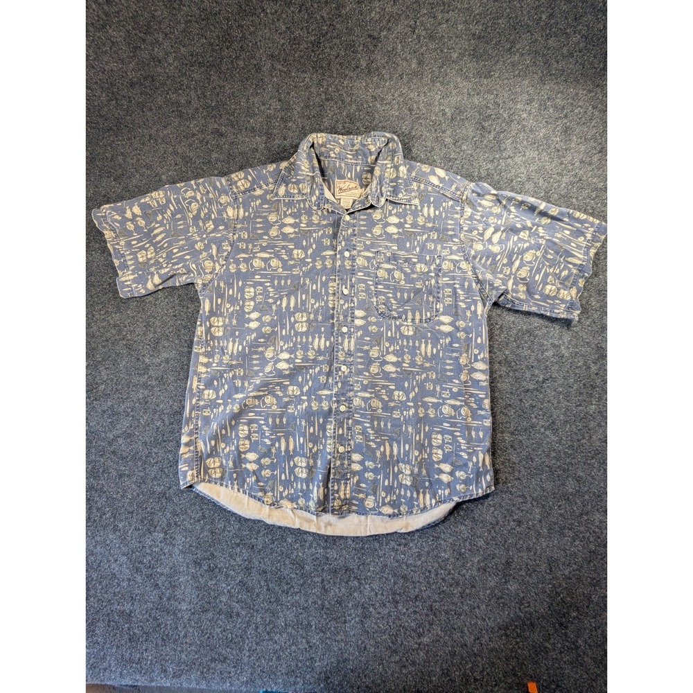 Vintage Woolrich Mens Large Blue Fishing Print Short Sleeve Button Down Shirt